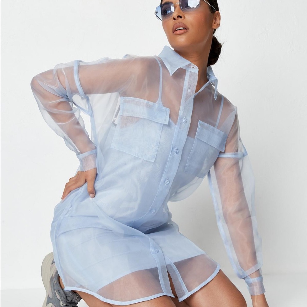 Blue Organza Oversized Shirt Dress with Slip